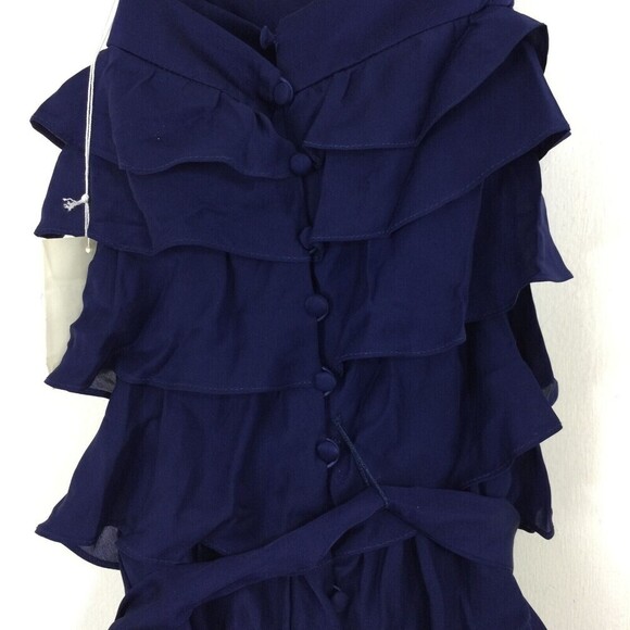Anthropologie Va Et Vien Silk Spaghetti Cross Back Party Ruffle Dress Blue 14 - Picture 7 of 11